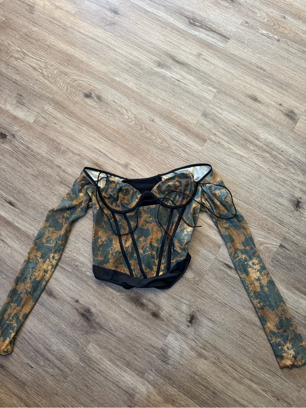 SHEIN Off-Shoulder Mesh Bodysuit in Green and Gold Floral